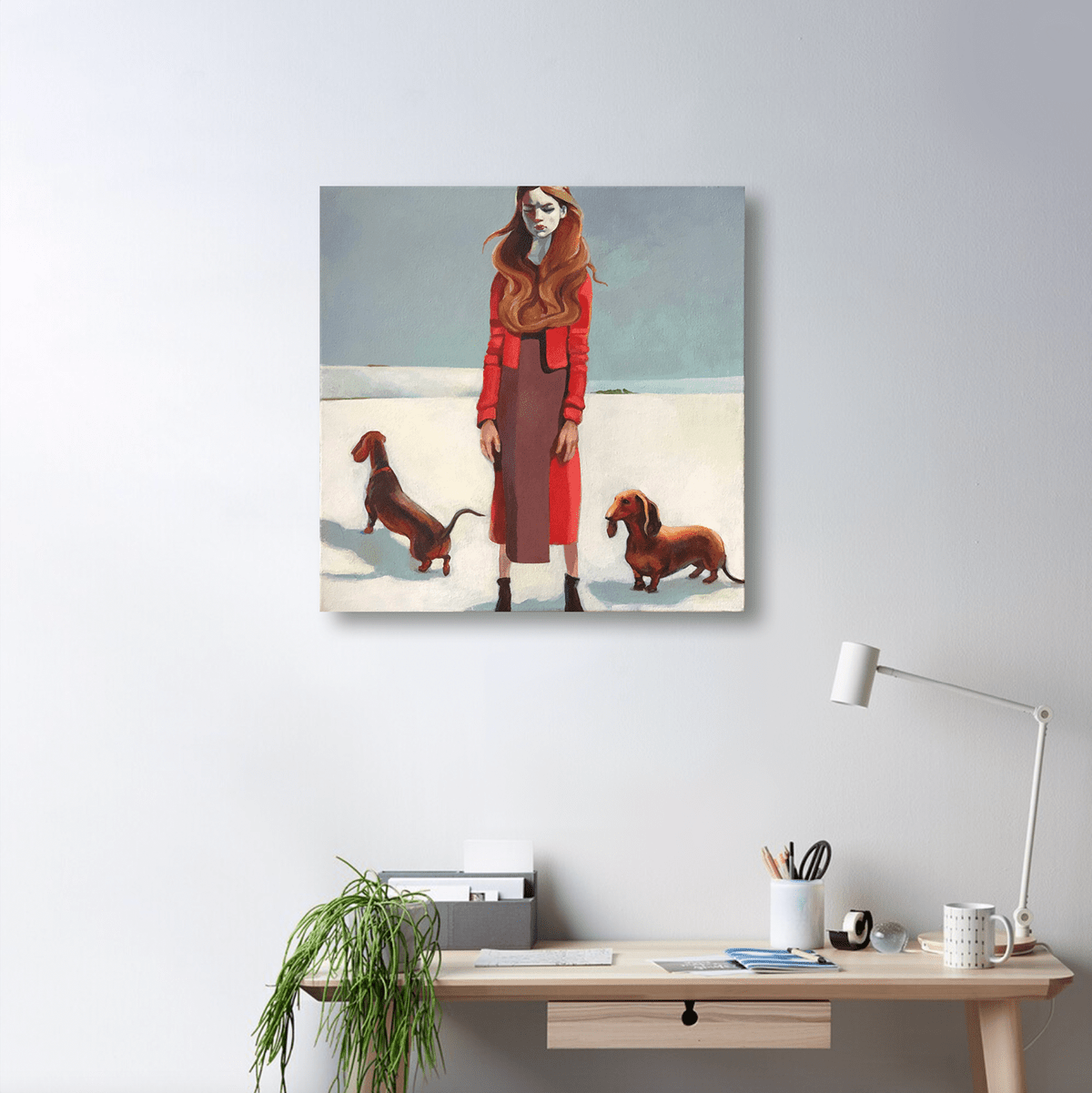 annoyance contemporary art Contemporary Landscape dachshund long hair winter woman in red