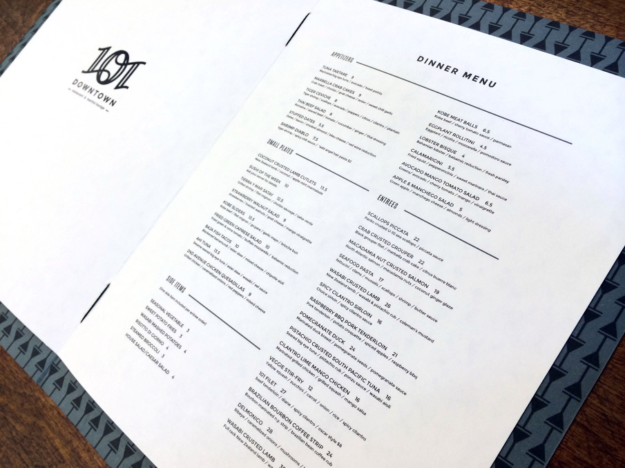 restaurant Rebrand downtown Gainesville print menu menu design fine dining martini pattern Martini Lounge lounge pattern