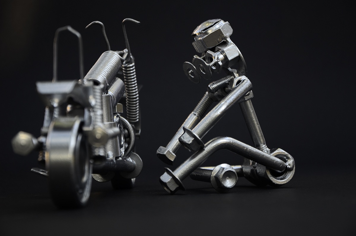 Metal sculptures scrap metal Bike miniature bikes frog nuts and bolts sculptures