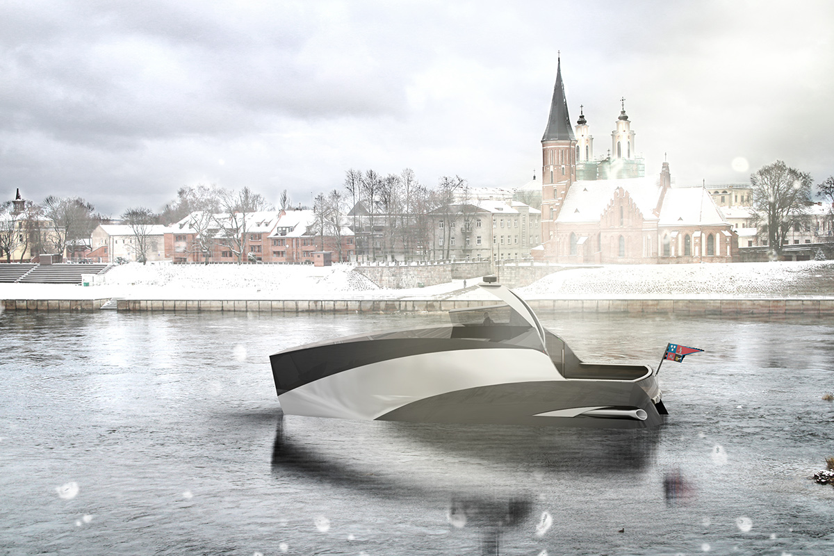 Adobe Portfolio avenas Rei boat catamaran concept Stealthy dark black mirror japanese italian Lithuanian fast river