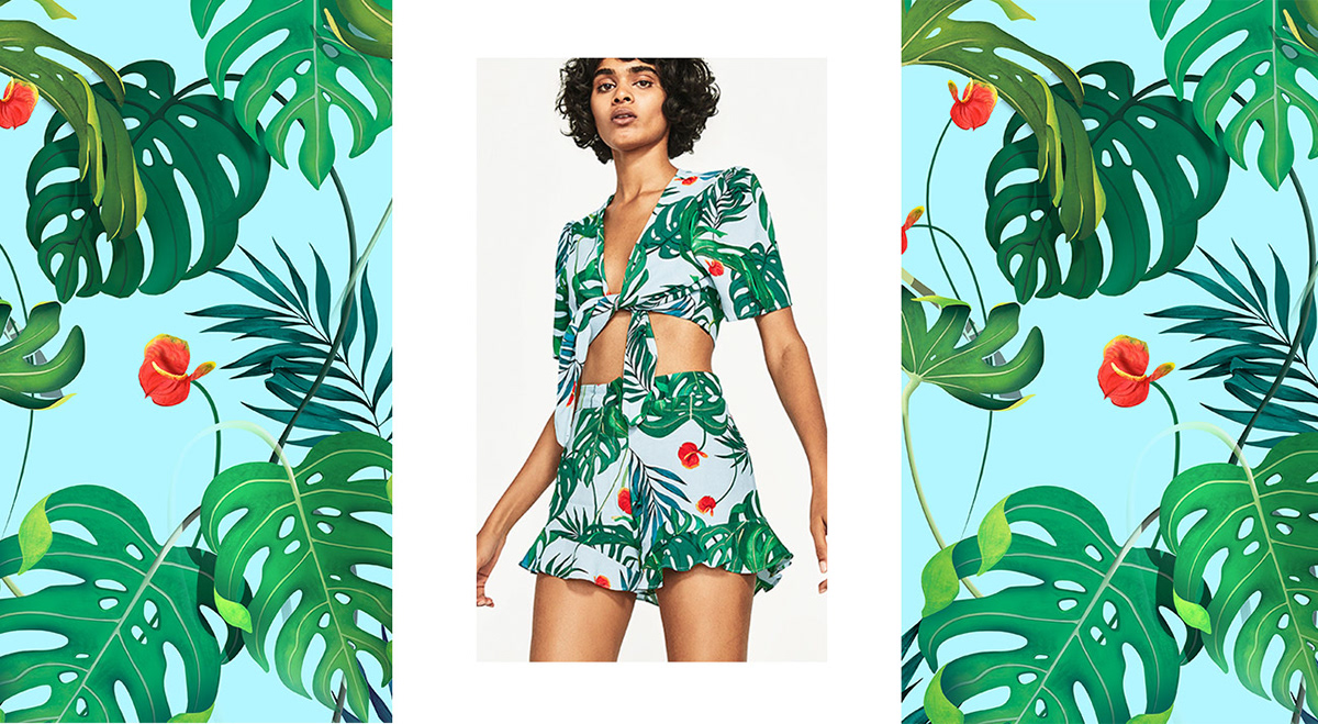 textile design for zara woman botanical design ILLUSTRATION  pattern summer Shorts and Shirt Tropical palms waterolor