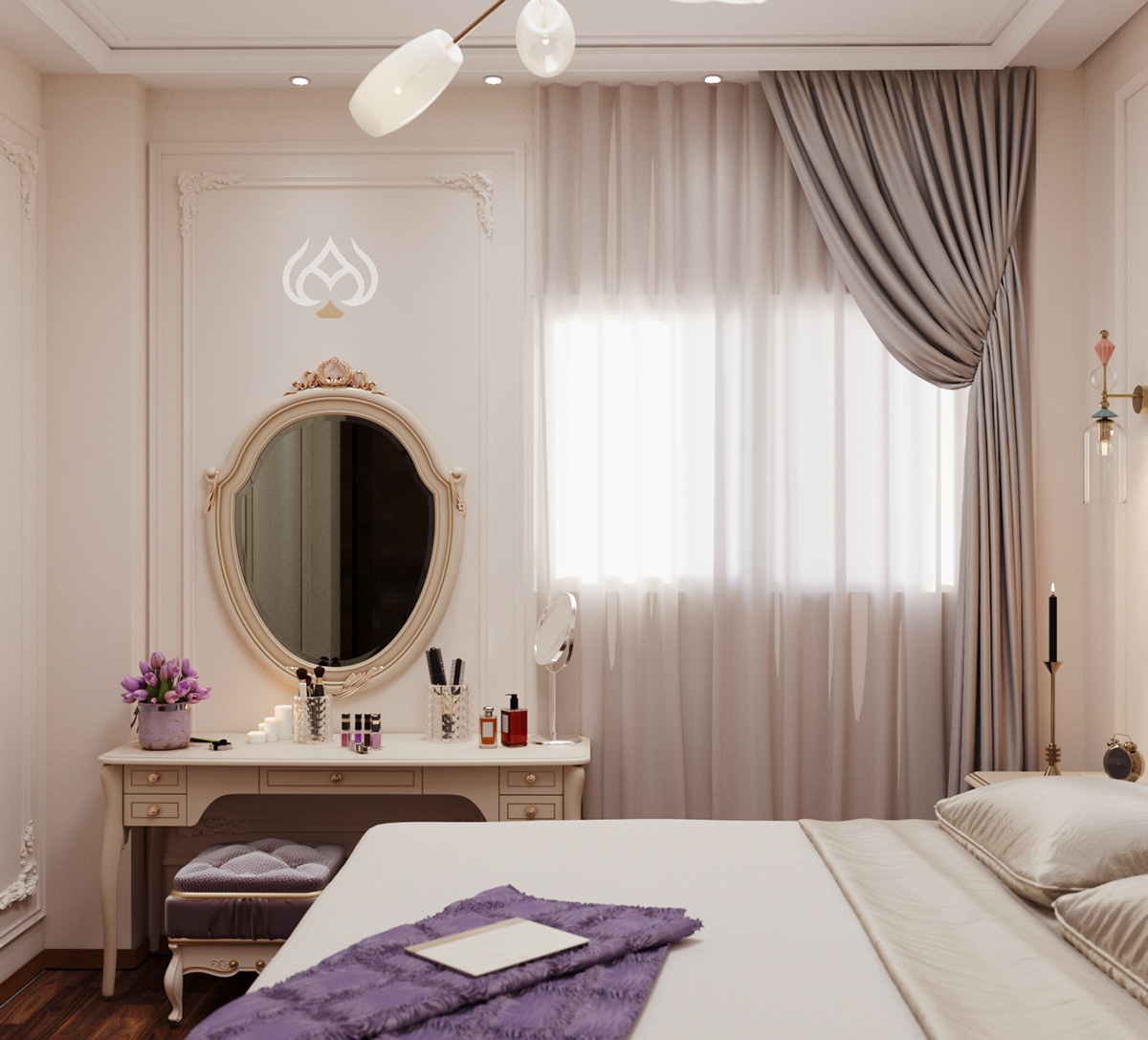 lavender bedroom design master bedroom neoclassic Classic bed dresser parquet Vase walllamp