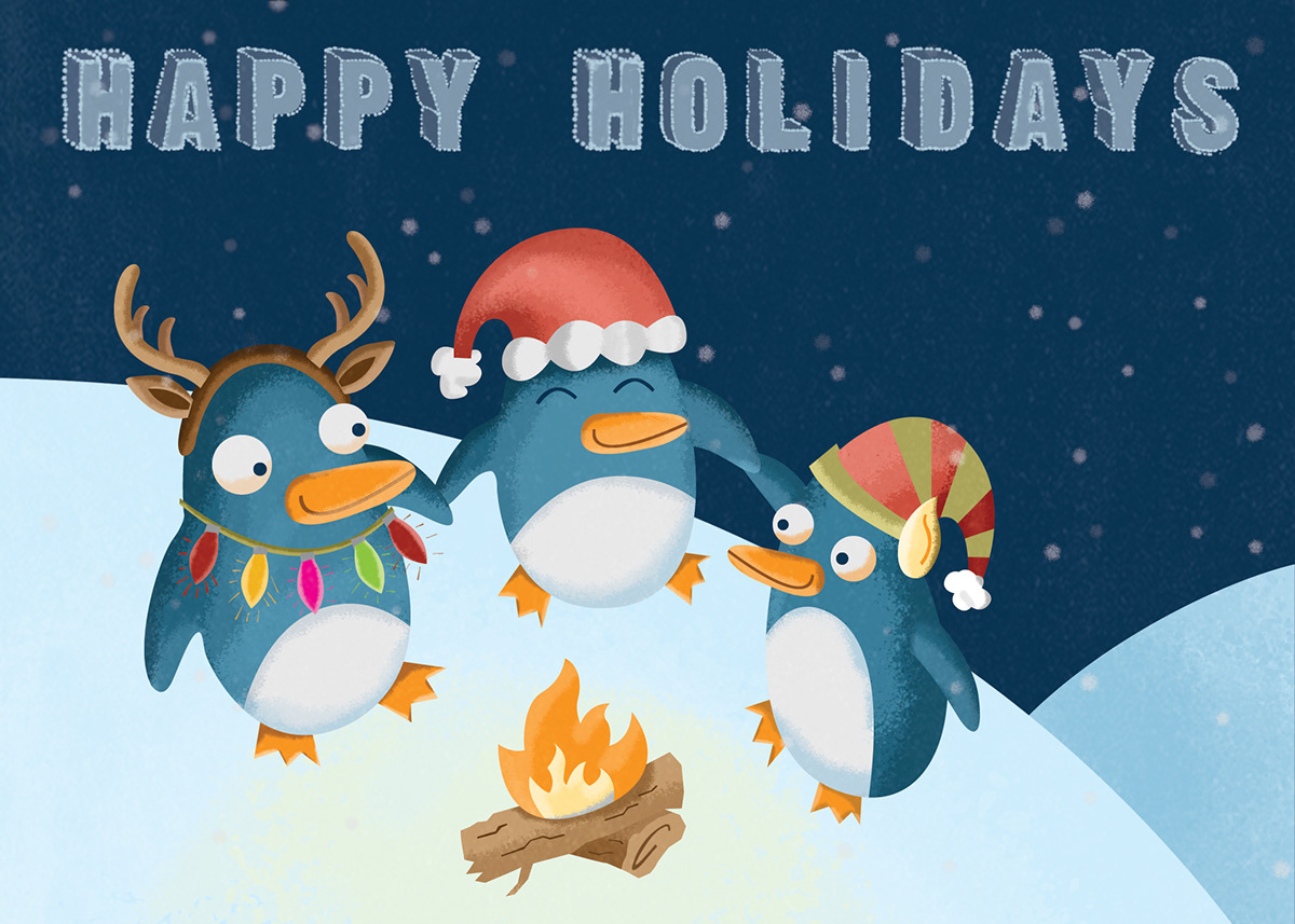 lettering Holiday characters snow penguins holiday card card