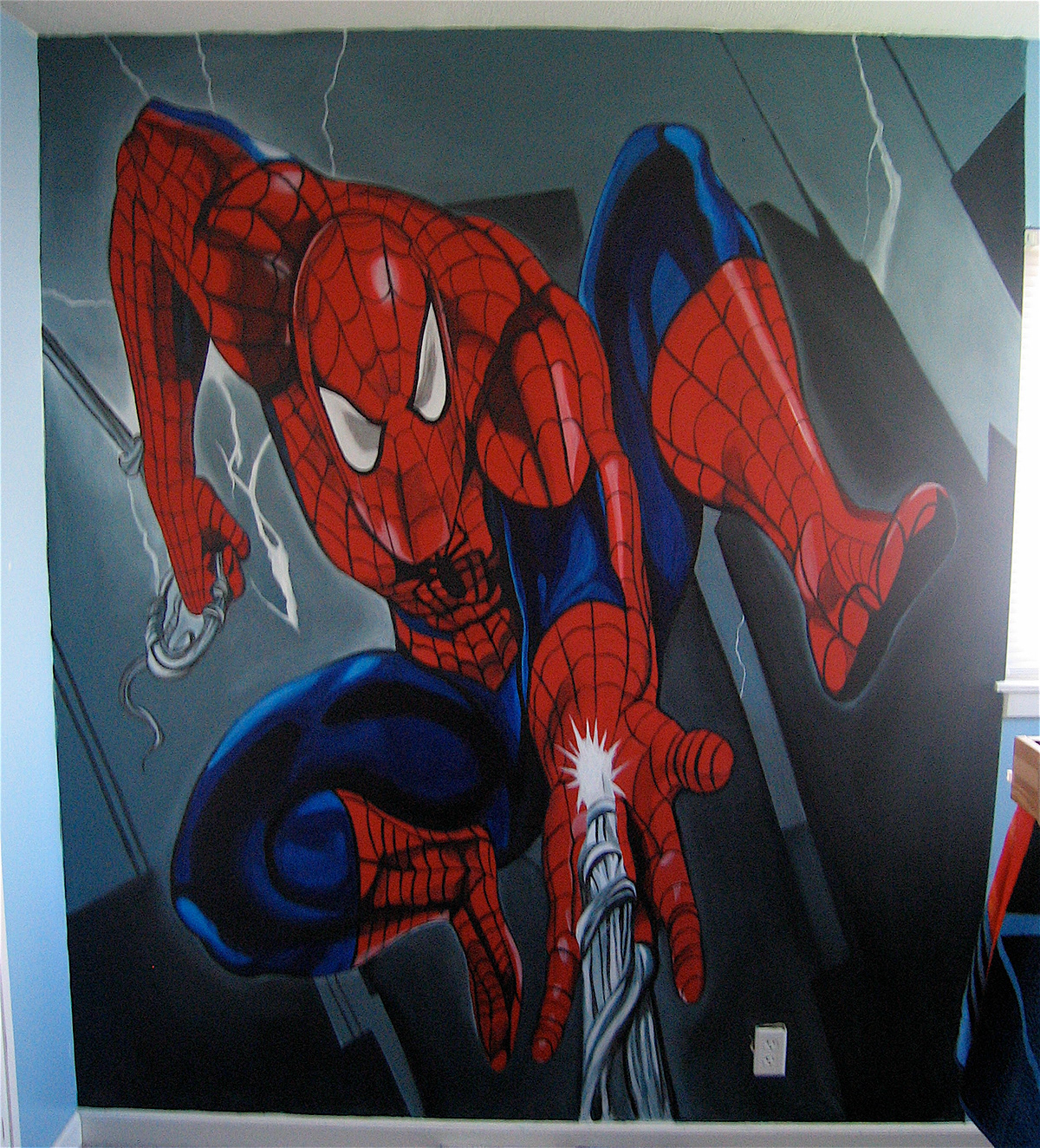 scene painting Scenic Painting paint sargent spiderman Spider Man tromp l'oeil scenic acrylic latex Mural wall home home mural painted mural chandelier