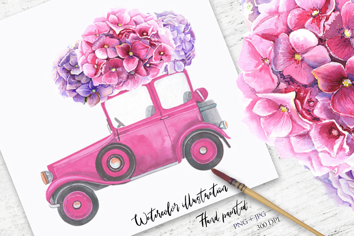 car watercolor hydrangeas pink lilac