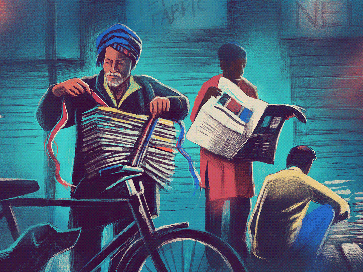 Newspapers being picked up from the streets during the wee hours of the morning for distribution among the local community - illustration by ranganath krishnamani