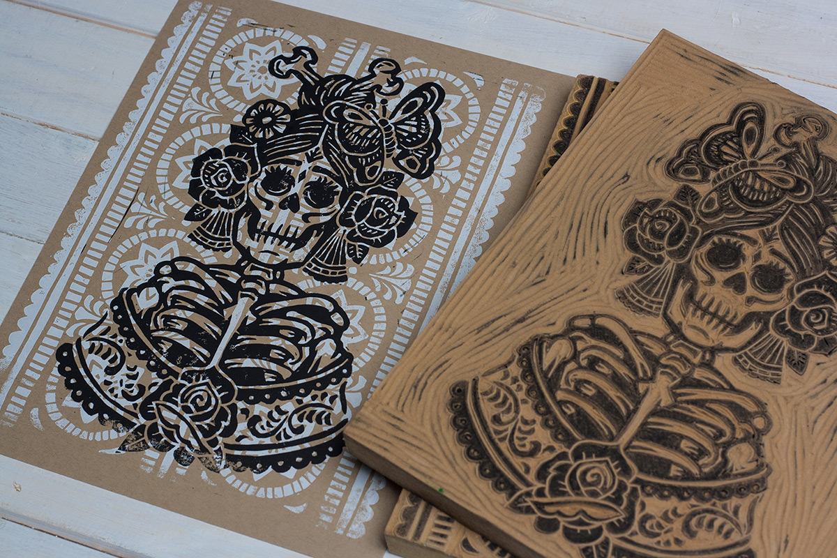 catrina Linoprint linocut block print skeleton skull print pattern americana
