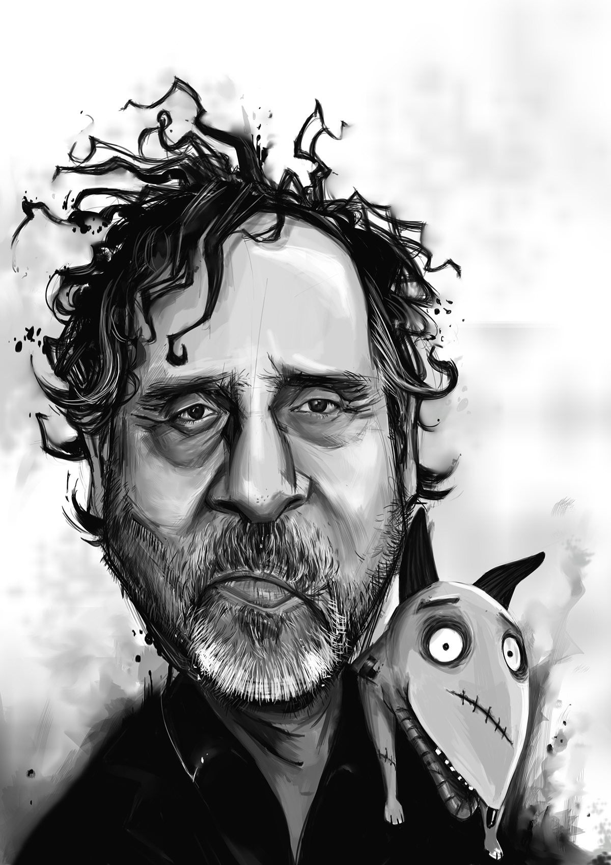 art caricature   portrait black and white Digital Drawing Tim Burton Frankenweenie sparky film director director