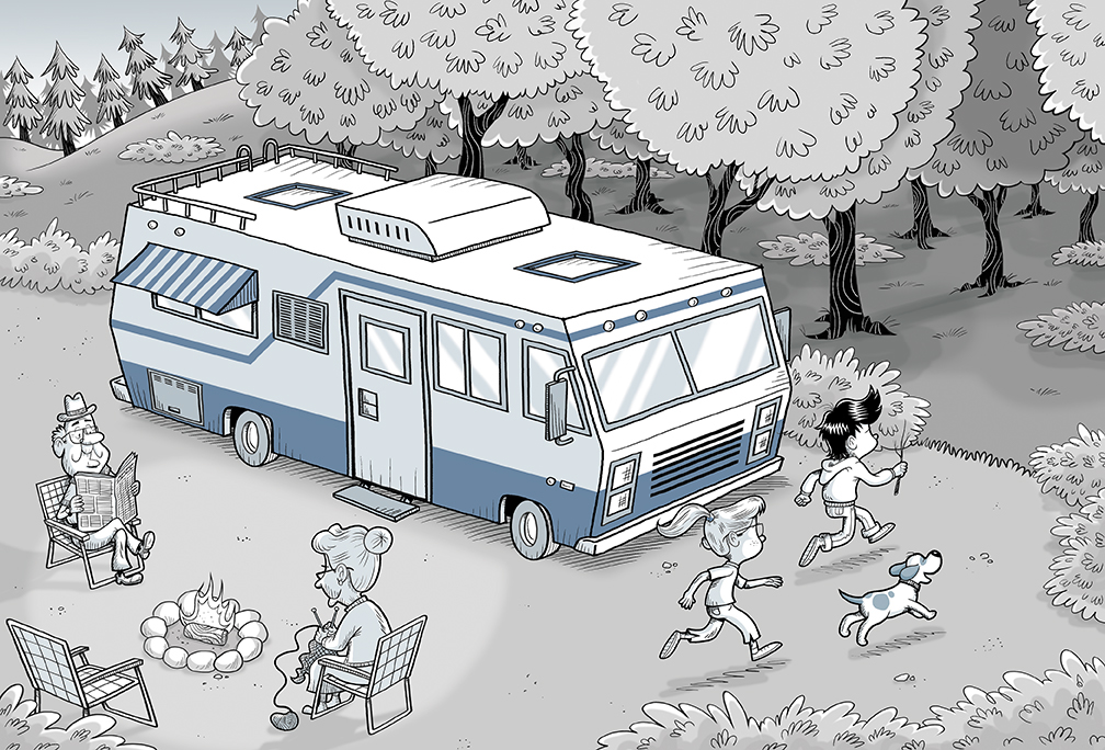 cartoon whimsical Humorous illustration children's book kids camping