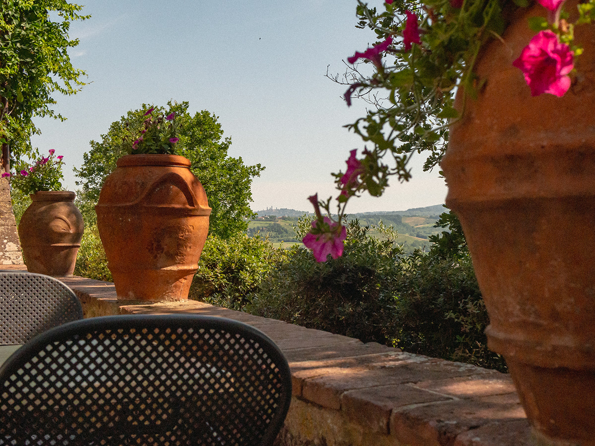 A view of San Gimignano from a restaurant in Certaldo, Italy. 