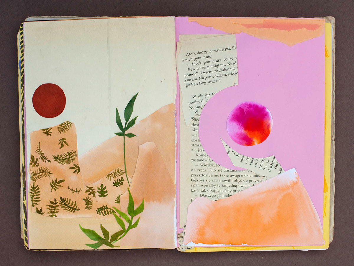 collage book Drawing  pink yellow green pattern red plants summer