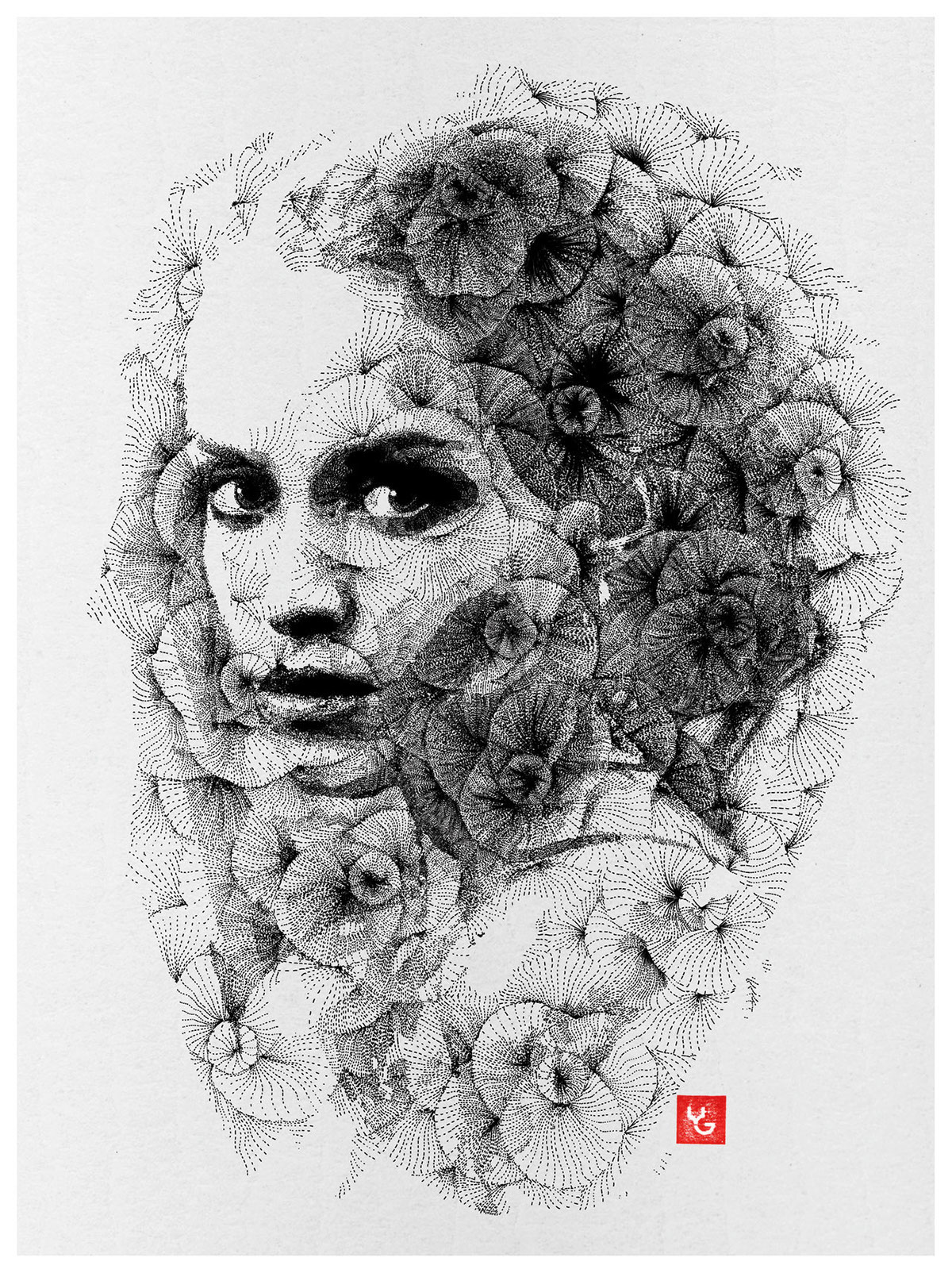 portrait pointilism lineism Drawing  line zentagle woman face flower dot