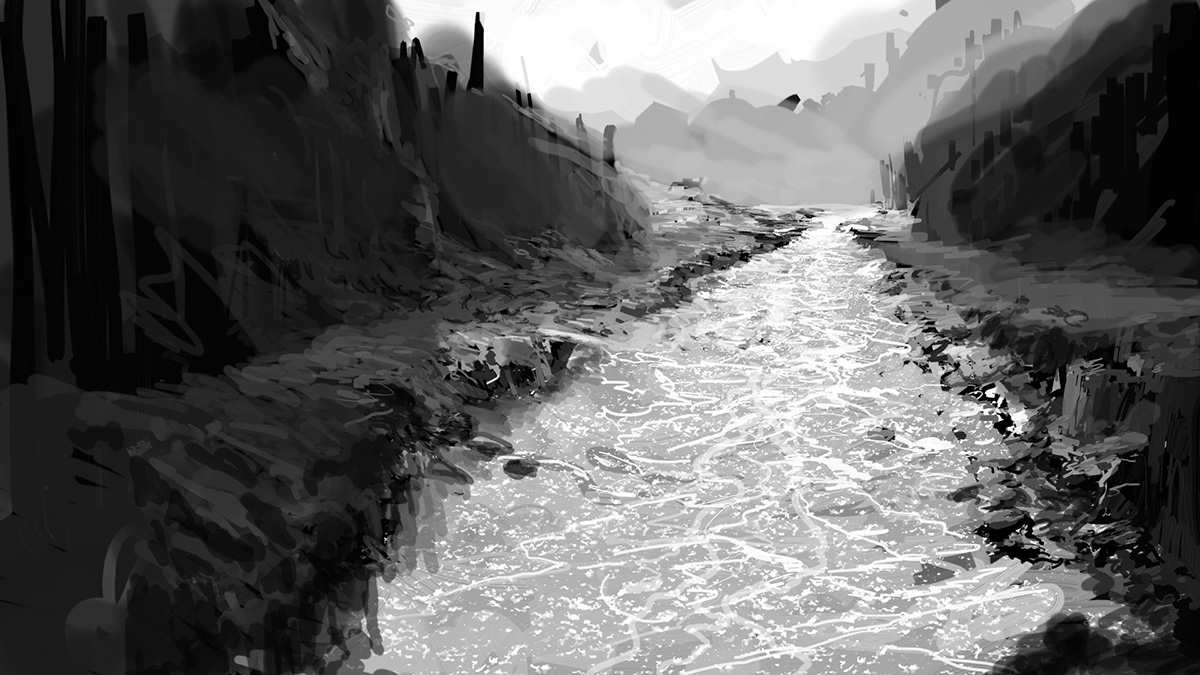 Landscape environment scenery speedpaint concept art river wild river current waves pine Forest forest pines pine pine tree rocks