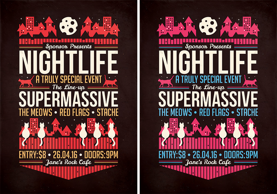 flyer poster print template template night cats vector fence Cat town Urban night sky indie alternative gig