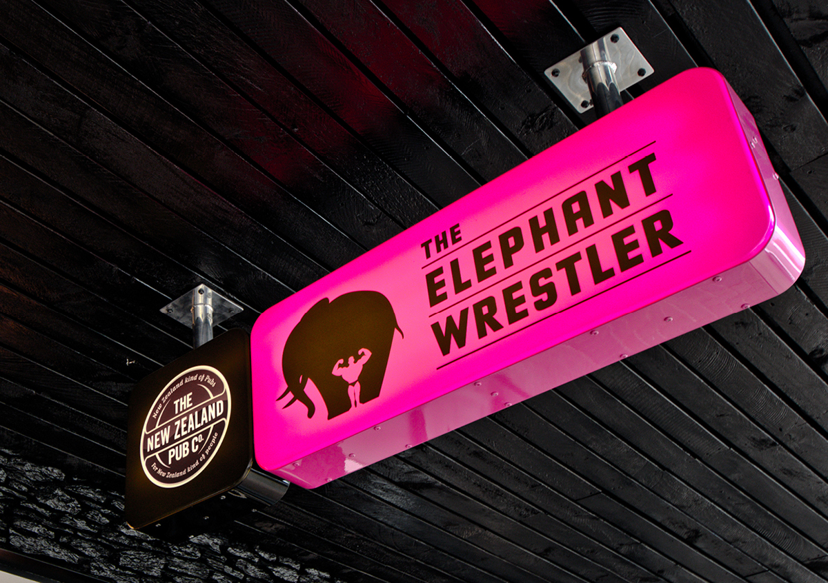 pink logo elephant bar beer pub Signage lights pattern poster environmental Experience New Zealand takapuna Wrestling art brand DesignWorks