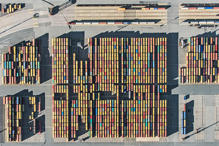 Aerial photo harbour ship container Cars sea railway trade port terminal industry