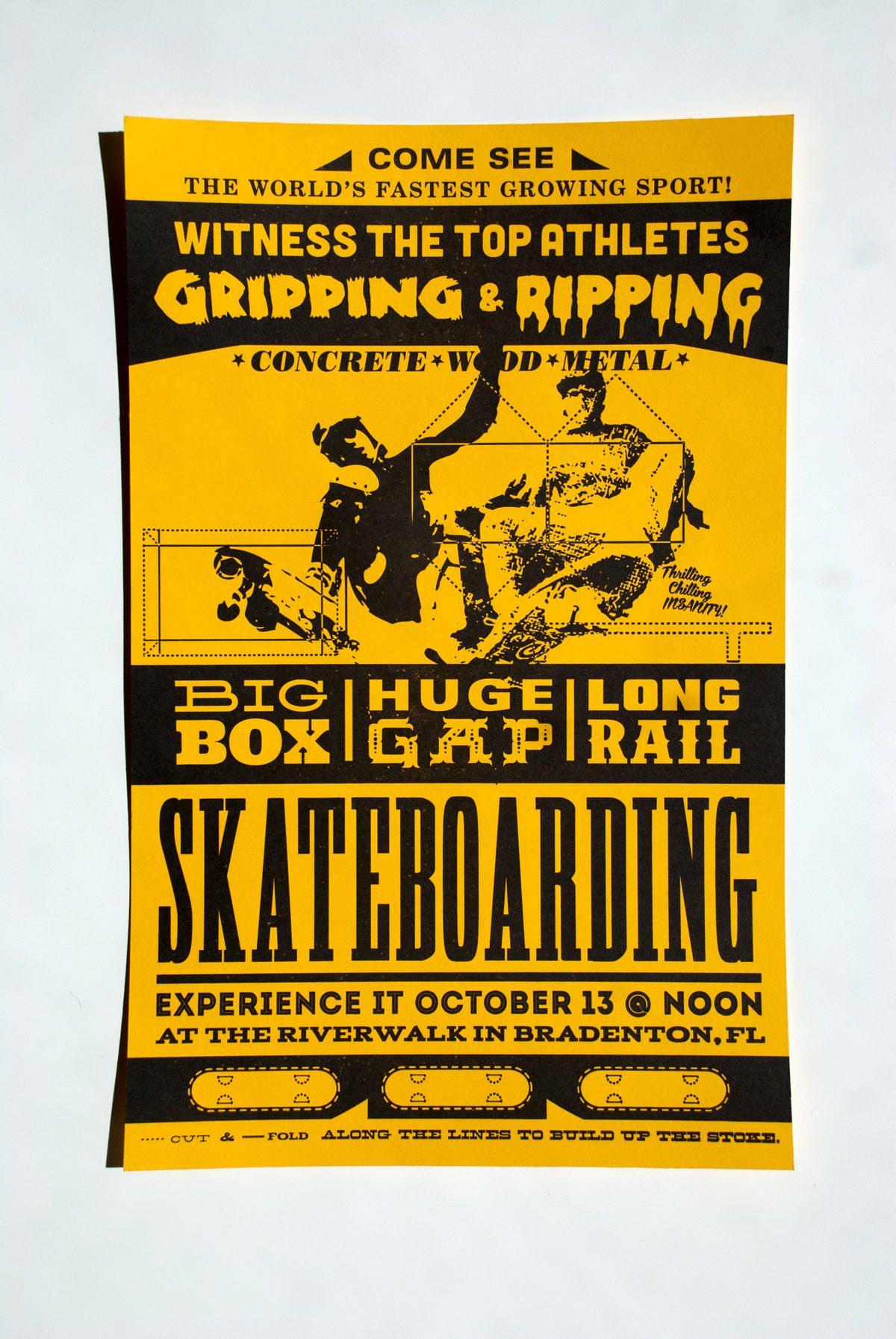 3D broadside poster polymer plate print gripping ripping skateboarding contest