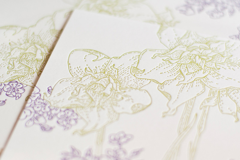 postcard leterpress cottonpress Flowers invitations  outlines lines print spring