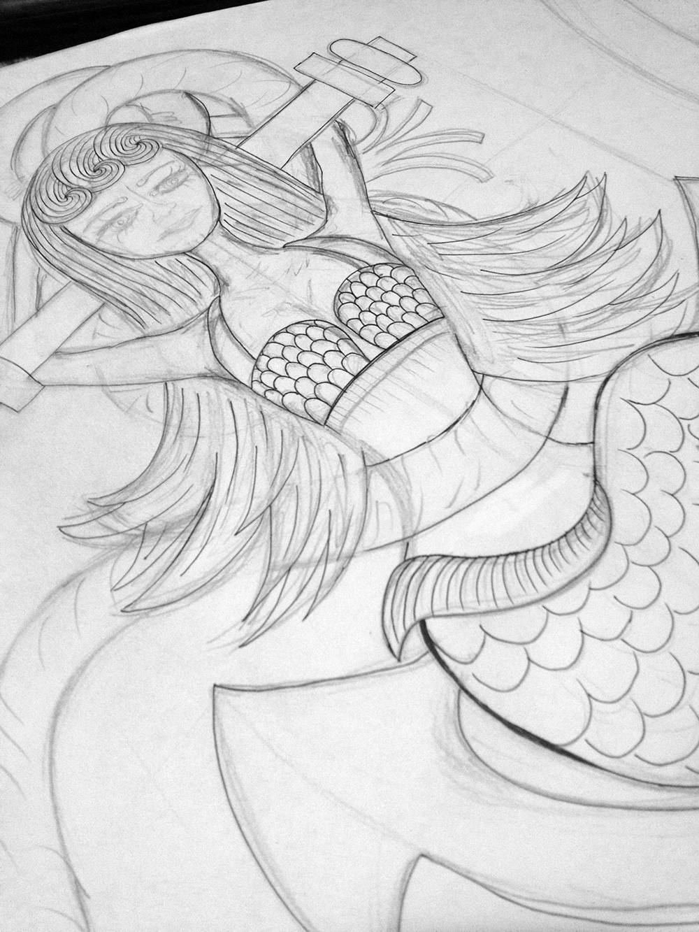 girl mermaid fish black pen Street poster rope anchor tattoo tail hair gallery