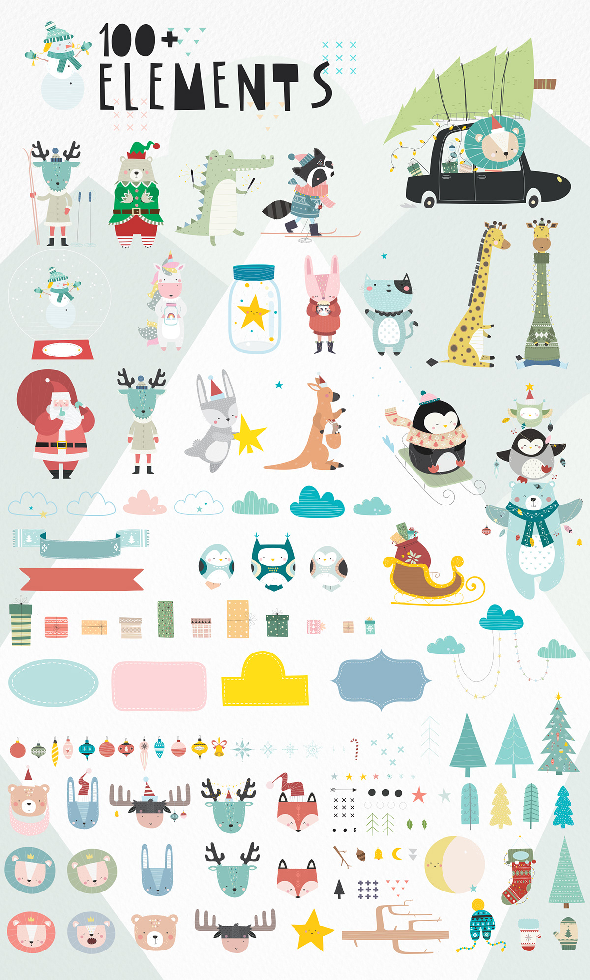 Scandinavian Style kids baby winter Christmas card posters elements Holiday