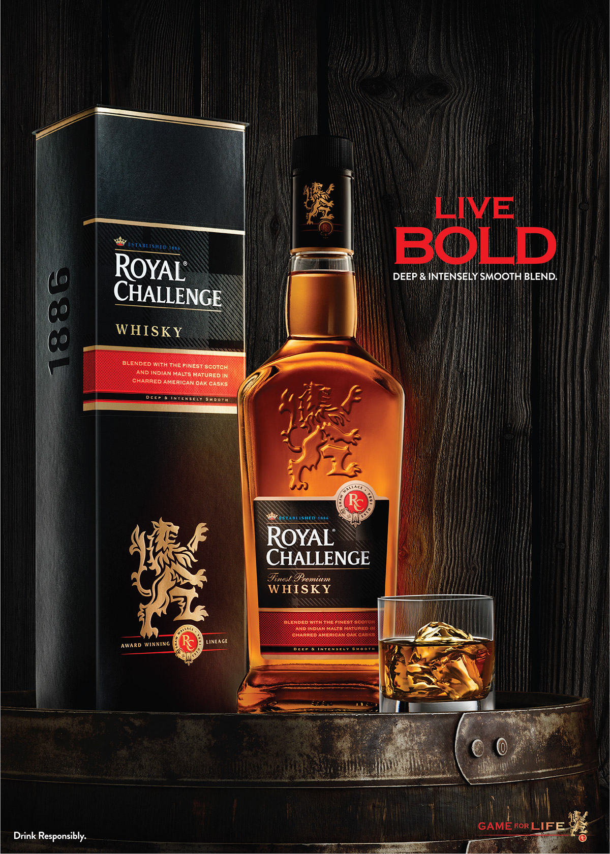 Royal Challenge RC Whiskey Whisky alcohol beverage scotland barrel Cherred American Oak Oak Cask new bottle refraction ice drink responsibly