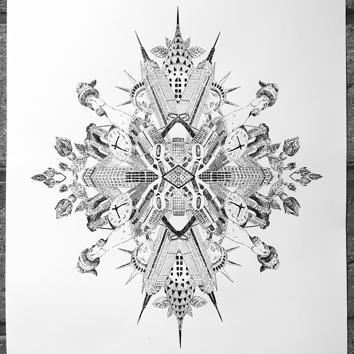 black and white detailed ink hand drawn Paris kaleidoscope effel flower berlin city