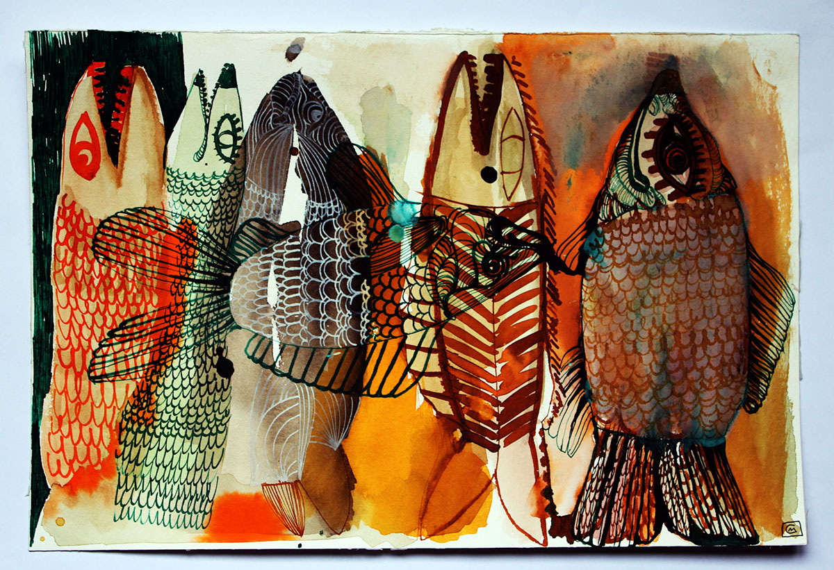 fish watercolors sea goldfish