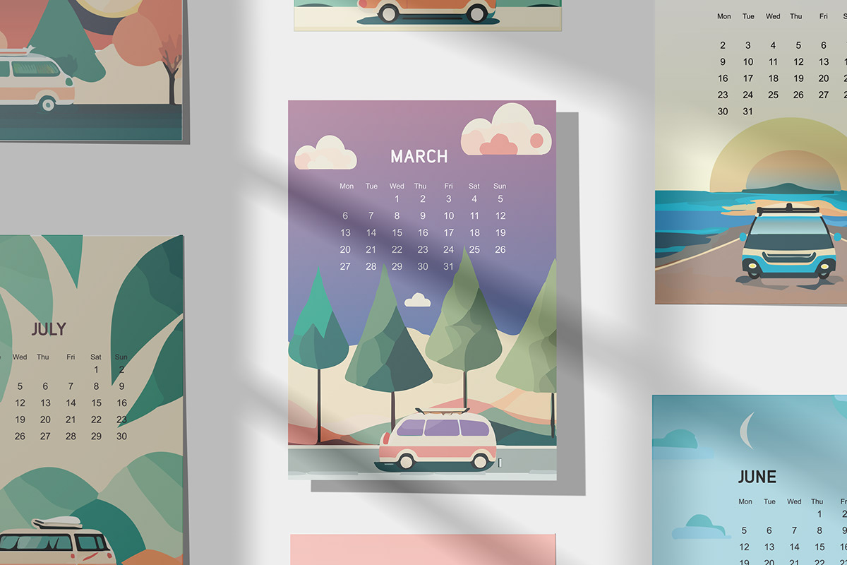 calendar calendar 2023 calendar design car cartoon Digital Art  Landscape Travel typography   Van