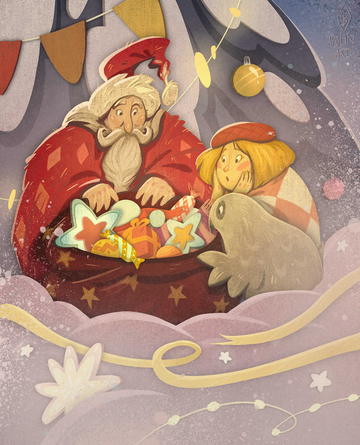 illustrations christmas illustration greeting cards Greeting Postcards holiday cards  owl Procreate Santa Claus winter illustration winter wood