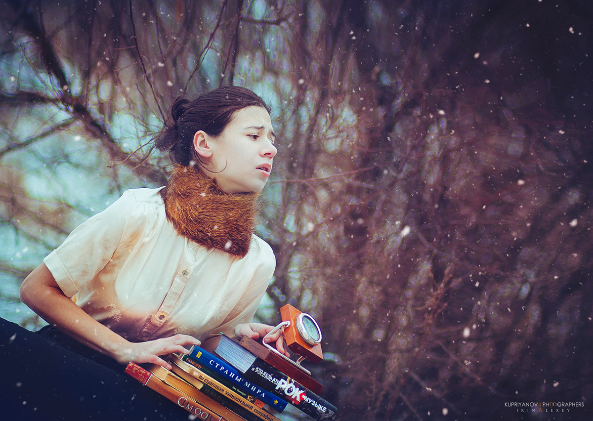 girl books winter snow frost