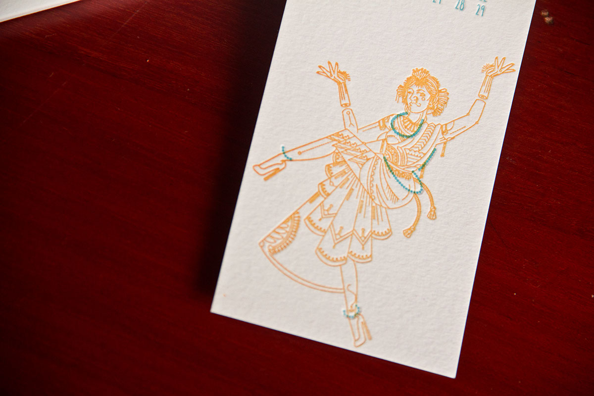 pinup indian design bharatanatyam DANCE   letterpress ink handmade vectors girl Cheeky Fun orange blue minimal