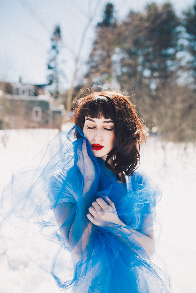 winter model leotard tulle fabric snow New England pale female Canon makeup White blue vibrant contrast
