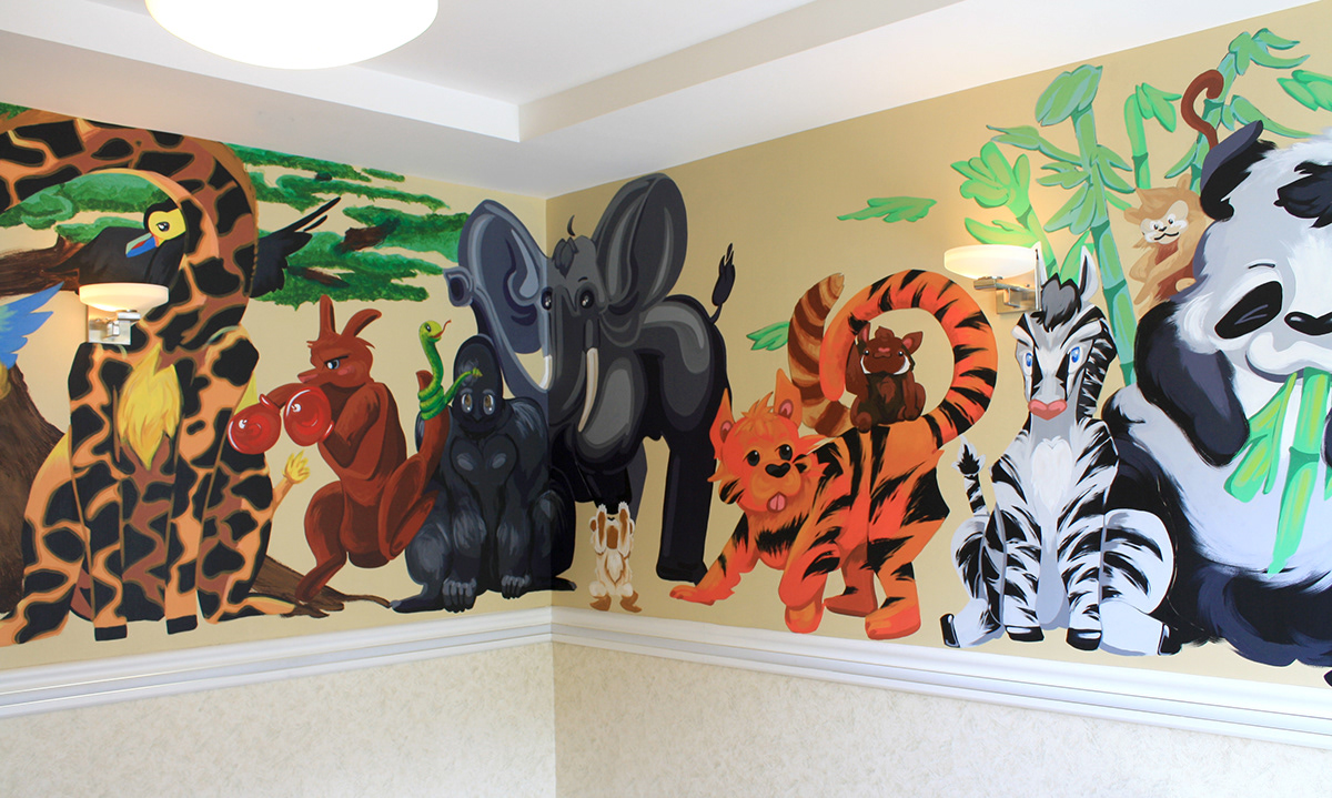 acrylic painting Cartoons zoo hospice Community Work Mural