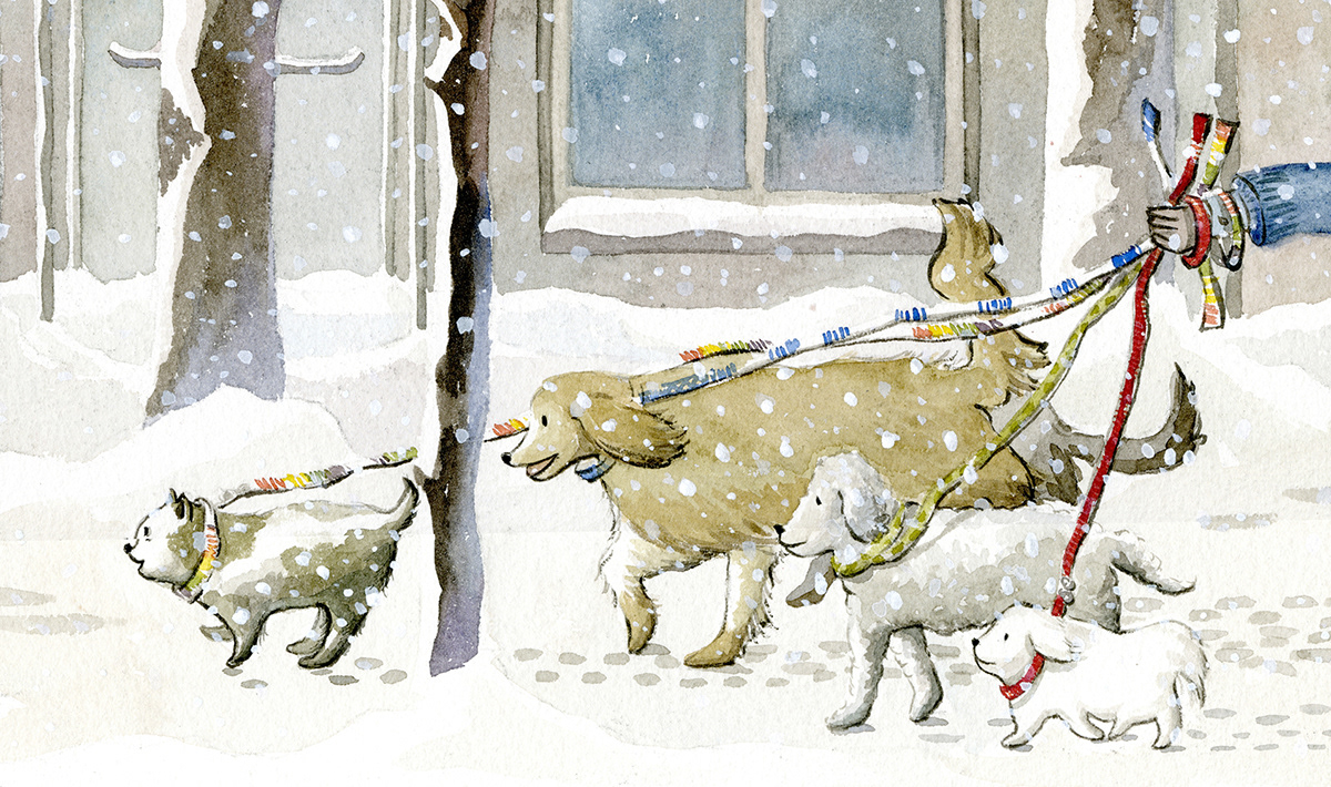 snow dogs walking watercolor