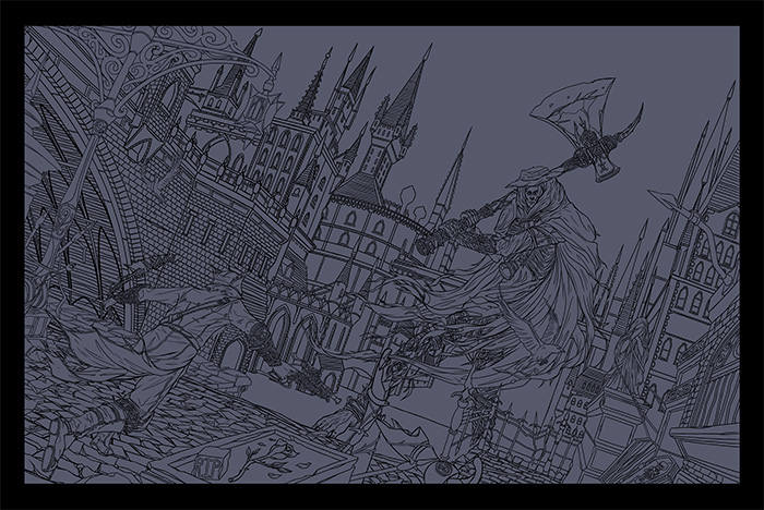 video game screen print poster computer game Bloodborne AAA environment fantasy lowbrow