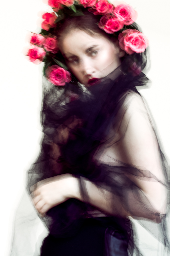 fashion photography editorial colour mood black White red Roses portrait analog photography kodak zenit