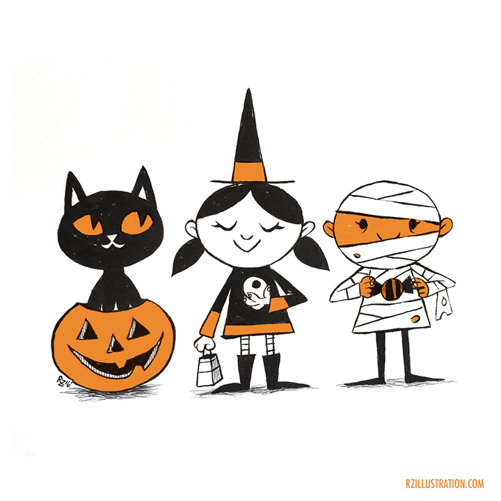 Halloween skeletons pumpkin trick or treat inktober pen and ink Character design  ILLUSTRATION  Holiday concept art