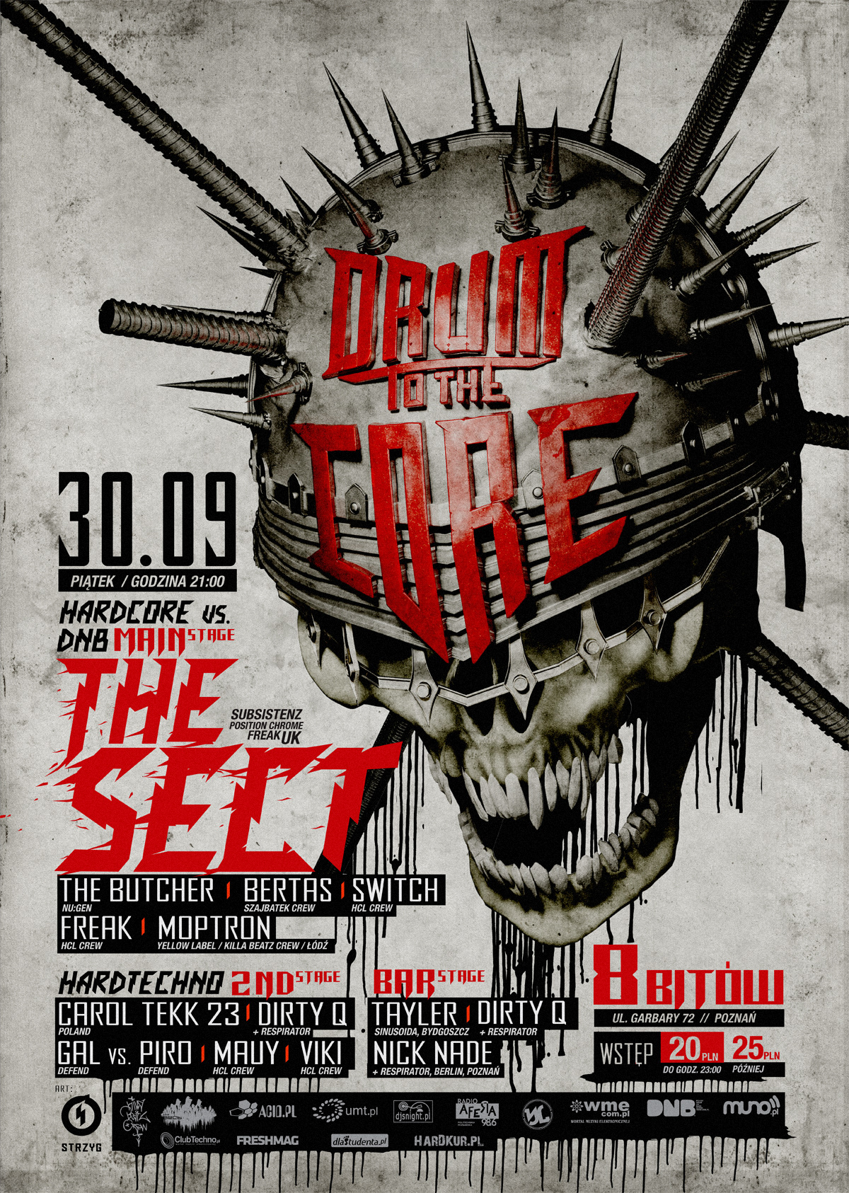 poster flyer DnB Drum and Bass Hardcore the sect  poznan strzyg music event tarpaulin skull print graphic typography  