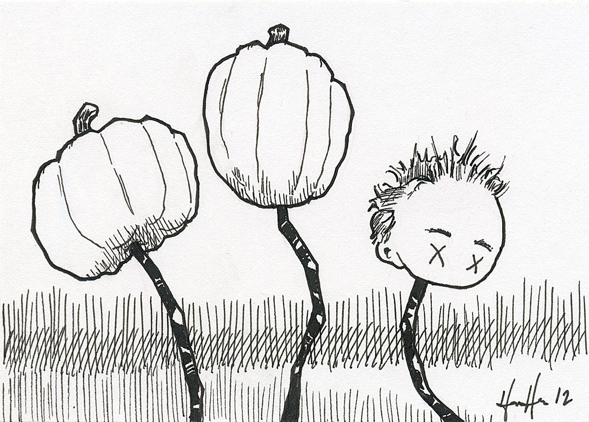 Cat  elephant  heads  pumpkins  cliff pen and ink brush and ink black and white Halloween