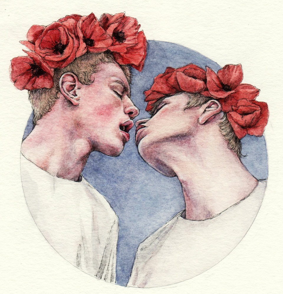 watercolor,gay,kiss,fiowers,Drawing,Illustration.