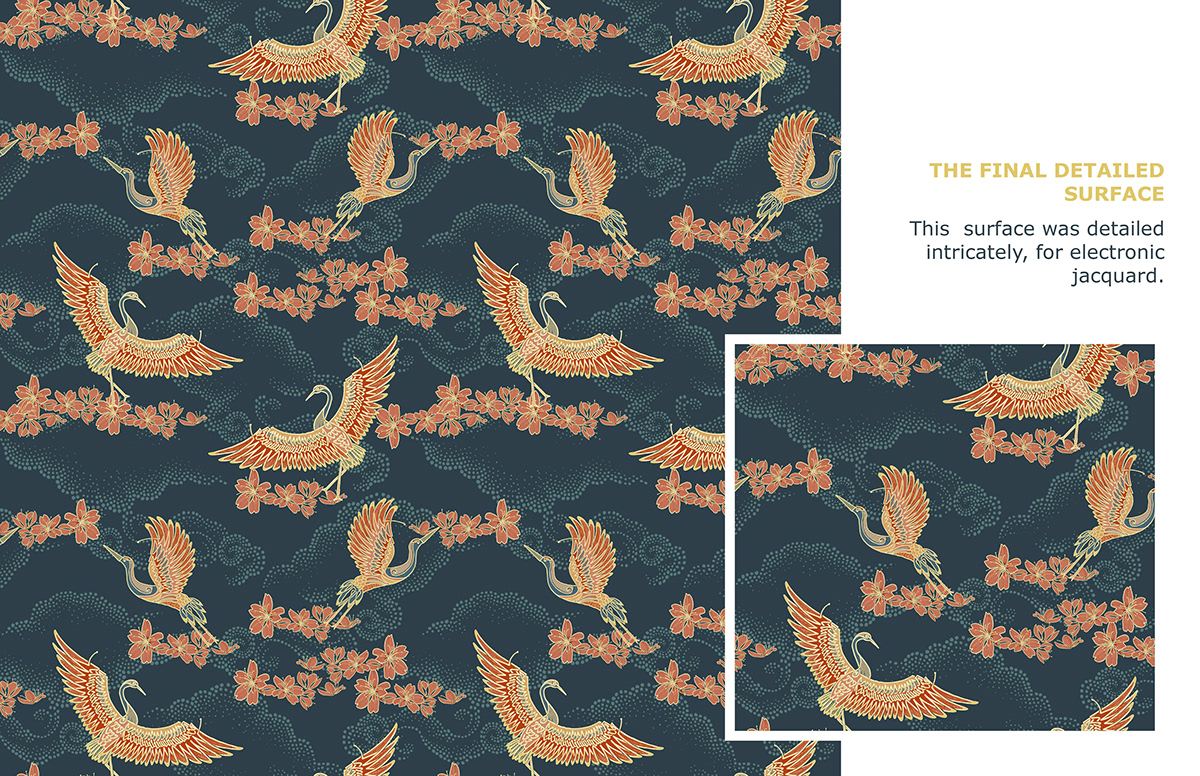 celtic patterning cranes jacquard japanese textile koi pond pattern design  print design  surface design weave pattern weaving