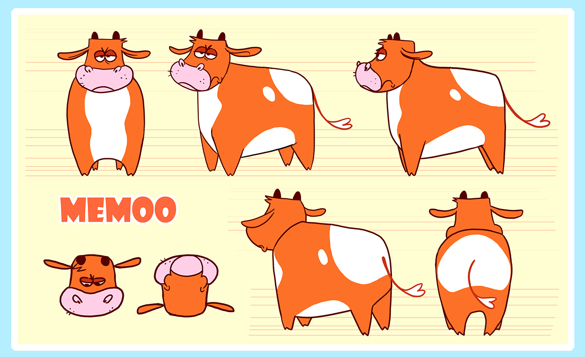 cartoon Character Sheet cow farmer Model Sheet pig thesis film turnaround