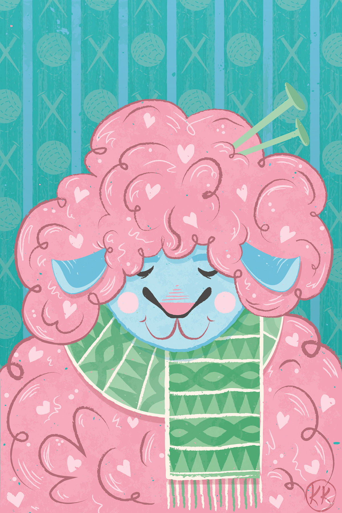 sheep knitting lamb pink blue green Picture book children's illustration Character sweet