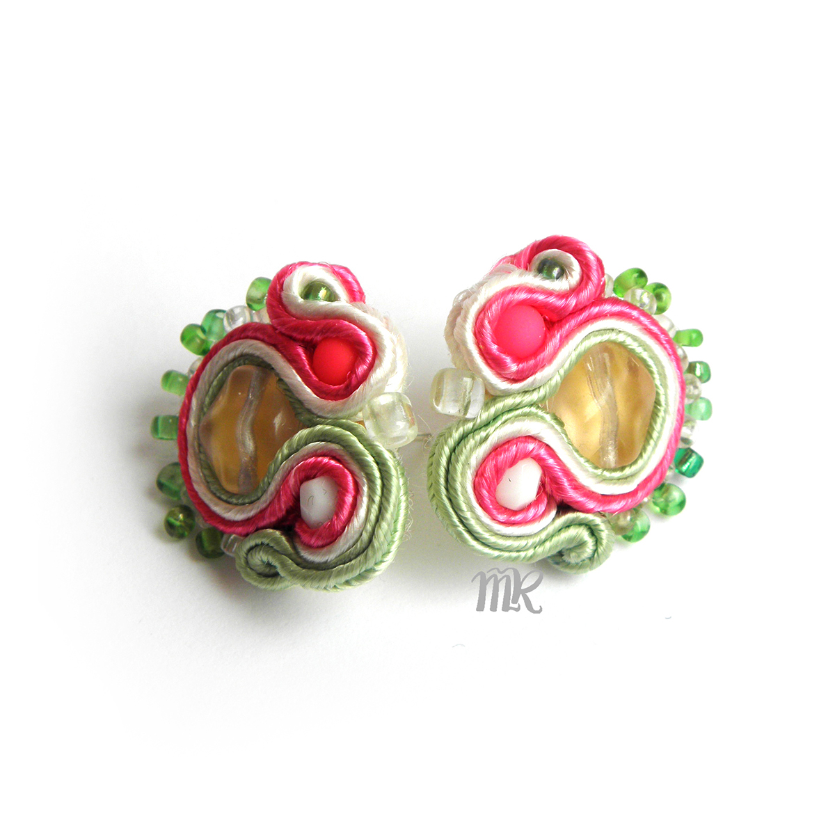 spring soutache earrings green White pink