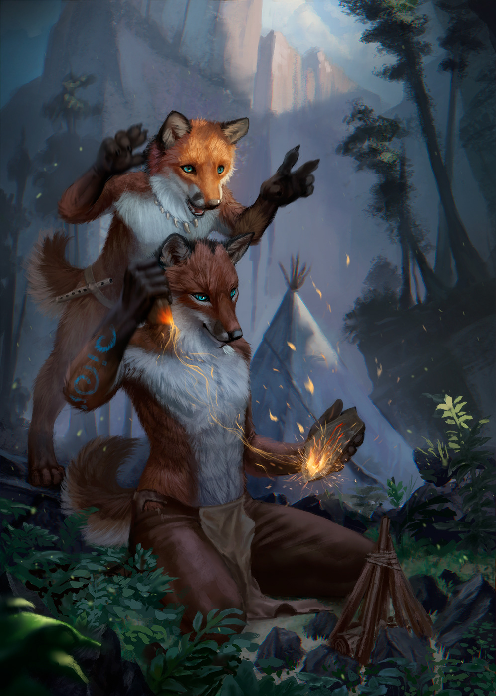 furry FOX anthro fantasy wood Magic   fire