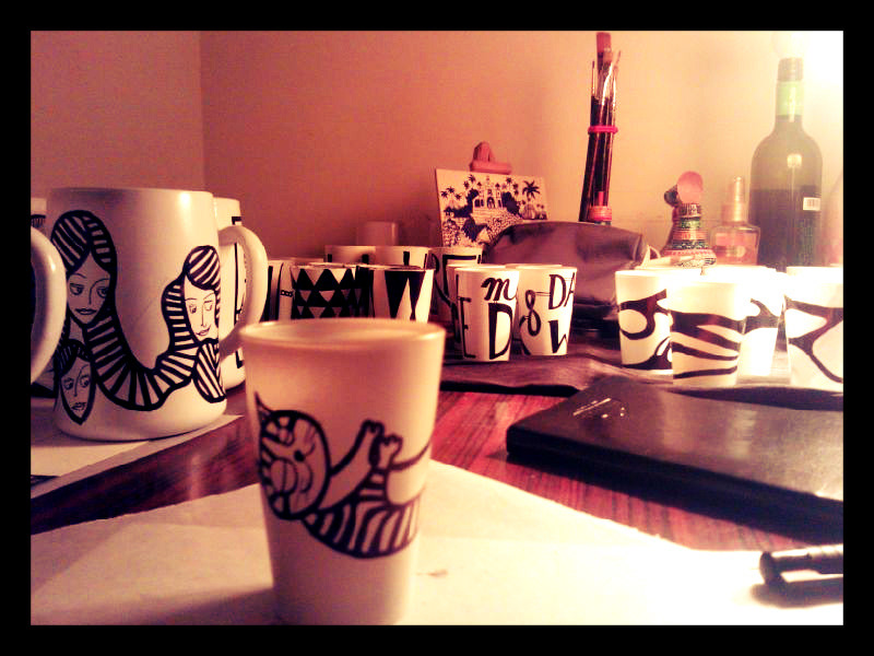 flea market soul sante drawing on objects black and white tea glasses beer mugs art