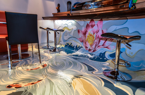 fish Mural Painting FLOOR KOI FISH water river waves brushstrokes floor painting