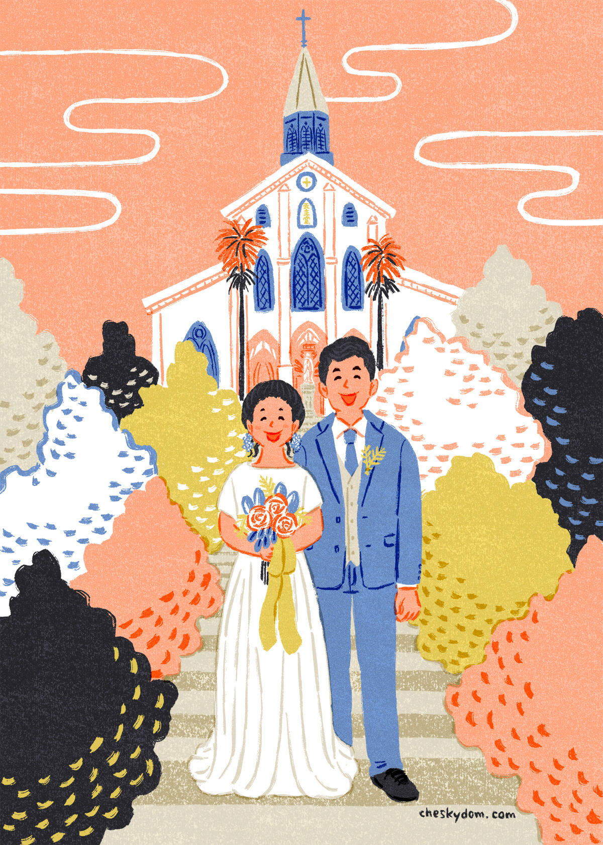 The illustration of a couple getting married at a famous church in Japan.