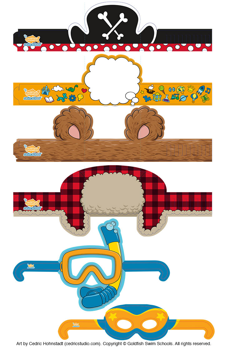 Illustrations by Cedric Hohnstadt for paper headbands and glasses. Client: Goldfish Swim School.