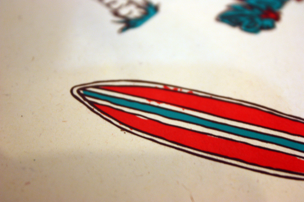 HAWAII poster party silkscreen screen screen printing red cyan brown skirt Totem Surf Board palm roof